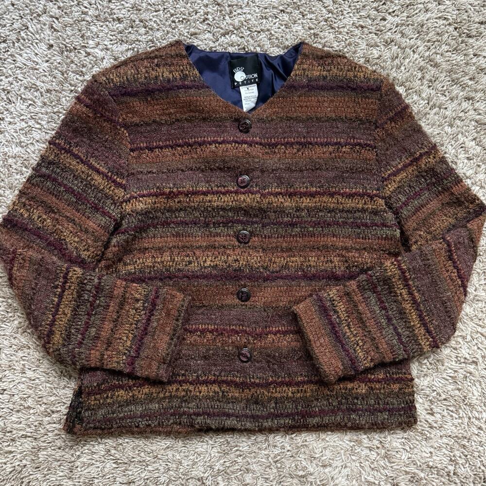 Vintage 90’s First Option Brown Striped Mohair Blend Cardigan Sweater Size M